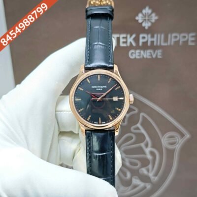 Patek Philippe Calatrava Rose Gold Black Dial Leather Strap Swiss Semi ETA Automatic Watch
