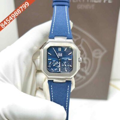 Patek Philippe Cubitus Platinum Blue Dial Steel Blue Leather Strap Swiss Automatic Watch