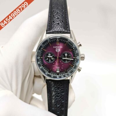 TAG Heuer Carrera Chronograph Steel Purple Dial Black Leather Strap Swiss Automatic Watch