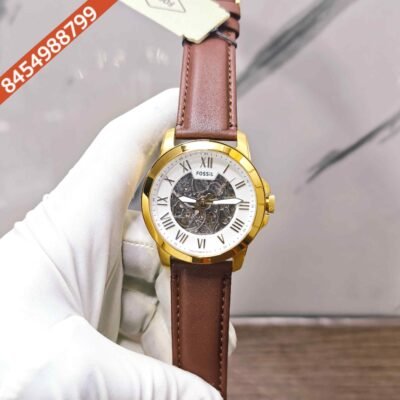Fossil Grant Skeleton Roman Marker Full Gold White Dial Brown Leather Strap Swiss Automatic Watch