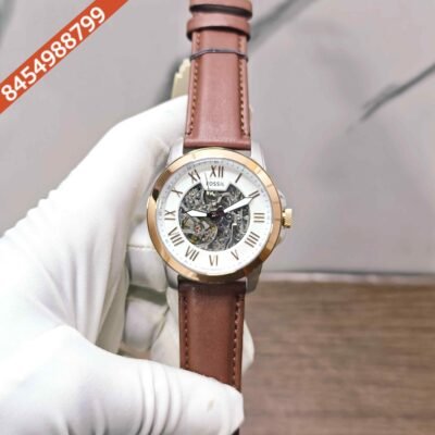 Fossil Grant Skeleton Roman Marker Steel Rose Gold White Dial Brown Leather Strap Swiss Automatic Watch
