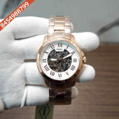Fossil Skeleton Roman Marker Full Rose Gold White Dial Swiss Automatic Watch
