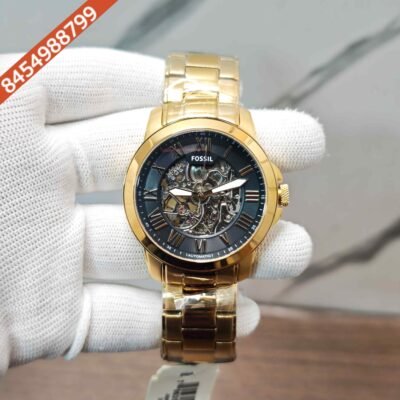 Fossil Skeleton Roman Marker Gold Black Dial Swiss Automatic Watch
