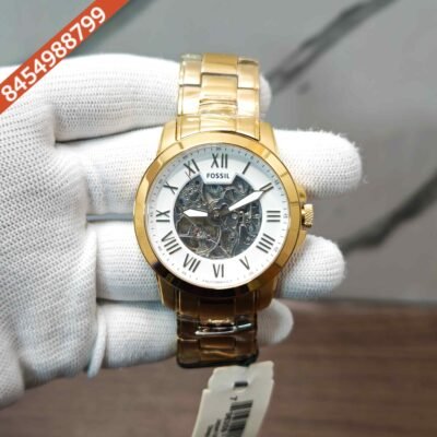 Fossil Skeleton Roman Marker Gold White Dial Swiss Automatic Watch