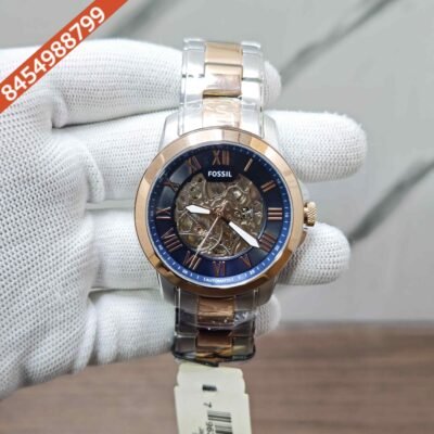 Fossil Skeleton Rose Gold Roman Marker Daul Tone Blue Dial Swiss Automatic Watch