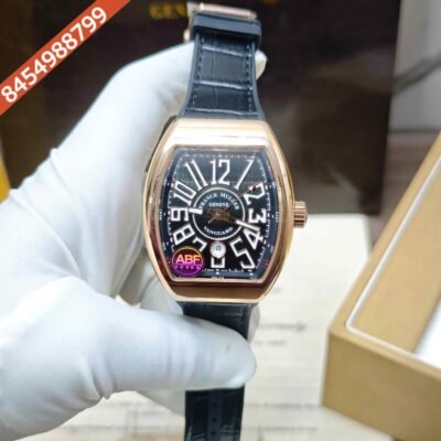 Franck Muller Vanguard Rose Gold Black Dial Leather Strap Swiss ETA Automatic Watch