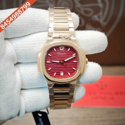 Patek Philippe Nautilus Rose Gold Red Dial Swiss Semi ETA Quartz Womens Watch