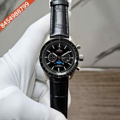 Omega Speedmaster Moonphase Steel Black Dial Black Leather Strap Swiss Automatic Watch