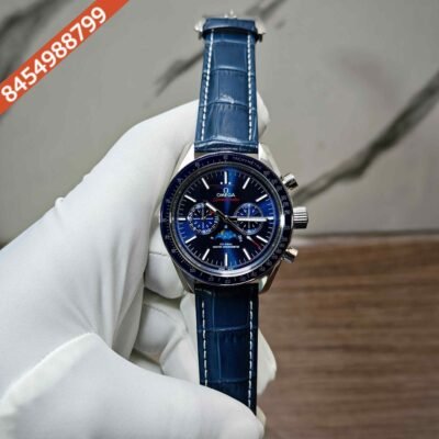 Omega Speedmaster Moonphase Steel Blue Dial Blue Leather Strap Swiss Automatic Watch