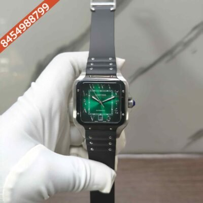 Cartier Santos de Steel Arabic numerals Green Dial Rubber Strap Swiss Automatic Watch