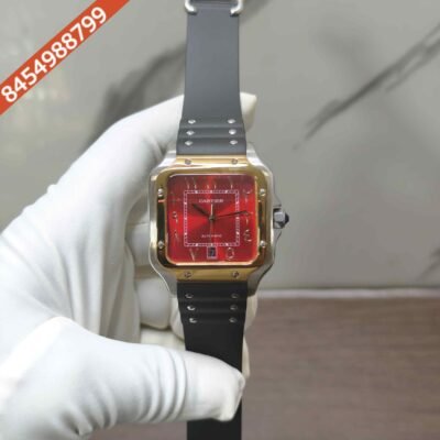 Cartier Santos de Steel Arabic numerals Red Dial Rubber Strap Swiss Automatic Watch