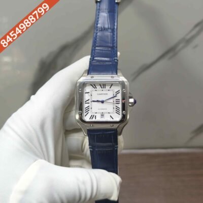 Cartier Santos de Steel White Dial Blue Leather Strap Swiss Automatic Watch