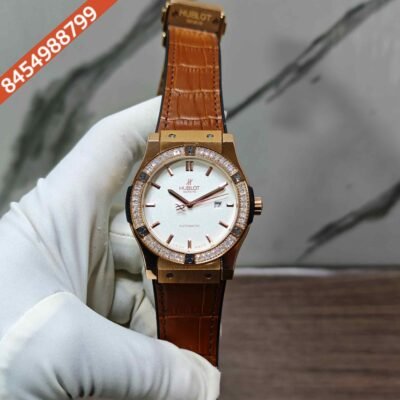 Hublot Classic Fusion Rose Gold Diamond Bazel White Dial Brown Leather Strap Swiss Automatic Watch