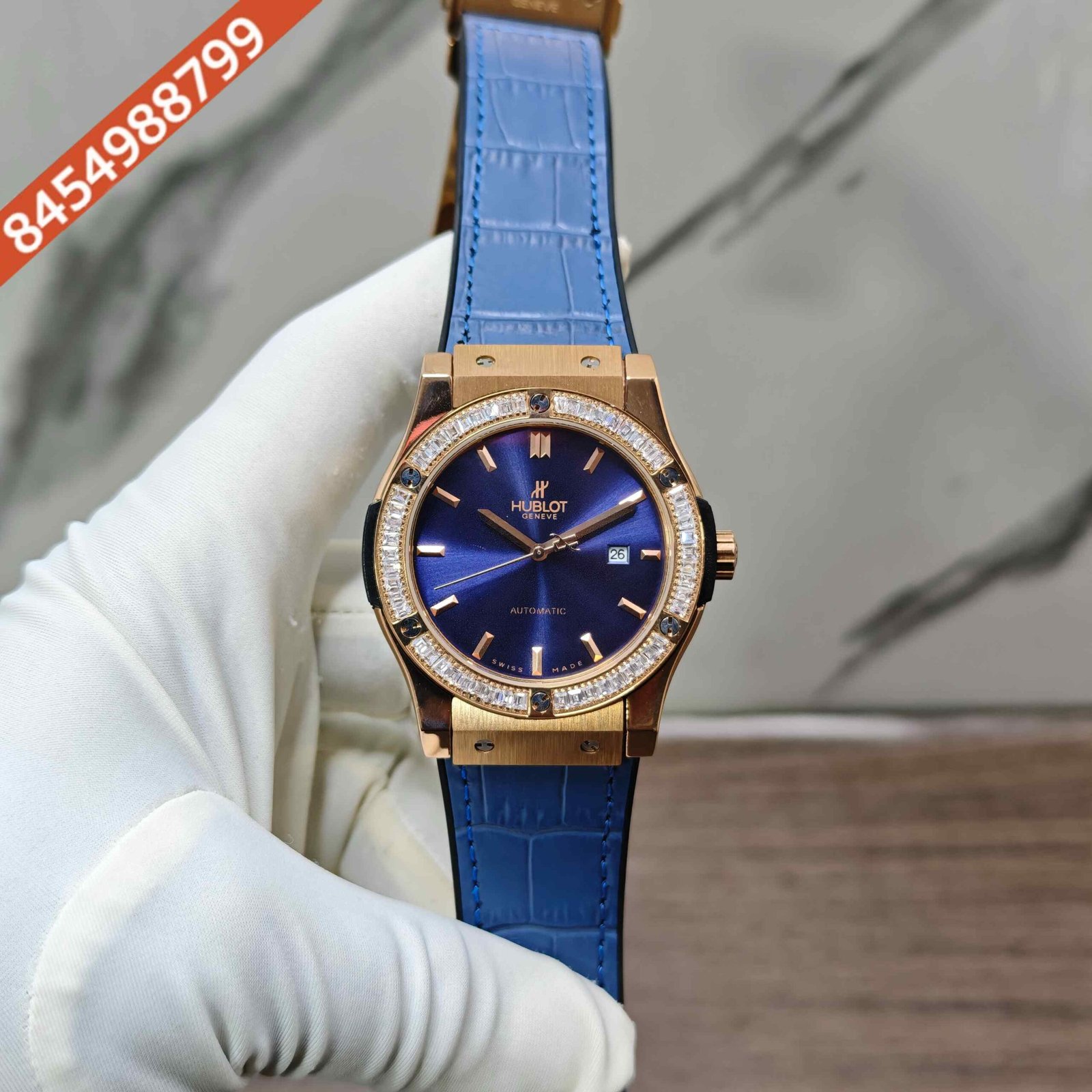 Hublot Classic Fusion Steel Diamond Bazel Blue Dial Blue Leather Strap Swiss Automatic Watch