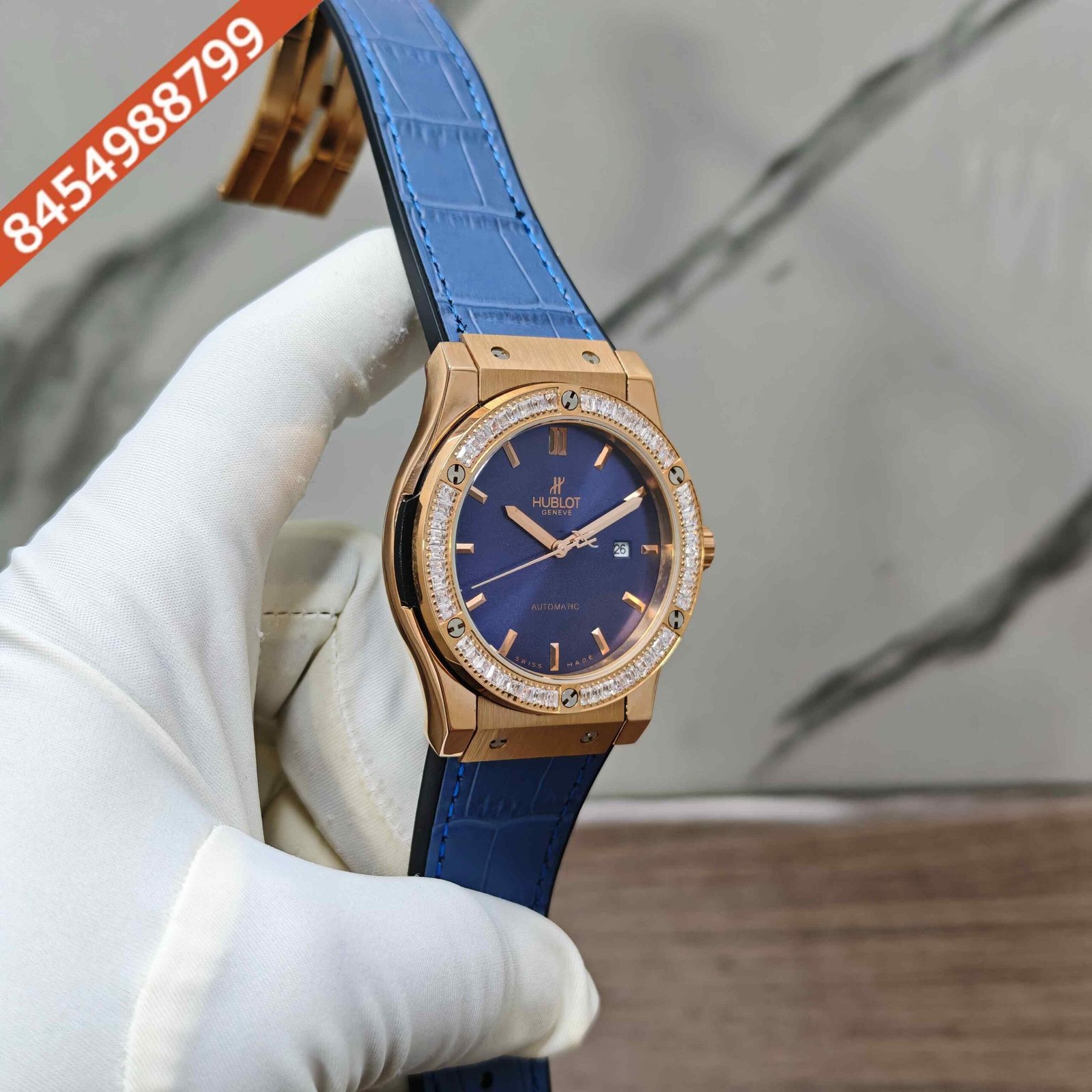Hublot Classic Fusion Steel Diamond Bazel Blue Dial Blue Leather Strap Swiss Automatic Watch - Image 3
