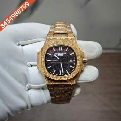 Patek Philippe Nautilus Rose Gold engraved Black Dial Swiss Quartz Watch