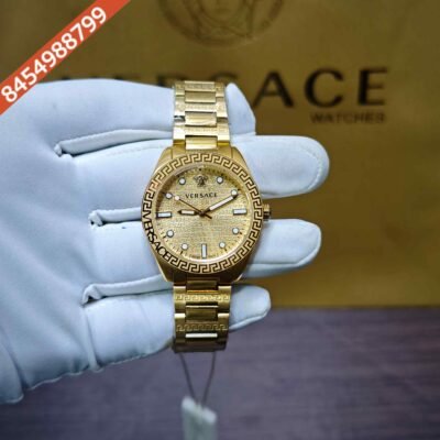 Versace Greca Dome Steel Full Gold Dial Swiss Quartz Watch