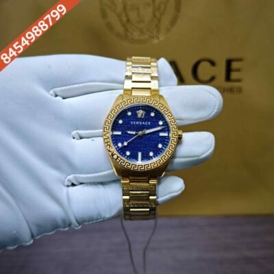 Versace Greca Dome Steel Gold Blue Dial Swiss Quartz Watch
