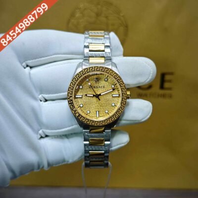 Versace Greca Dome Steel Golden Dial Dual Tone Swiss Quartz Watch