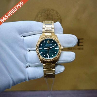 Versace Greca Dome Steel Gold Green Dial Swiss Quartz Watch