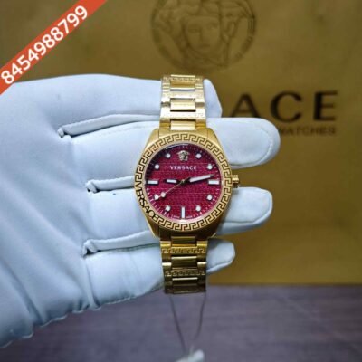 Versace Greca Dome Steel Gold Red Dial Swiss Quartz Watch