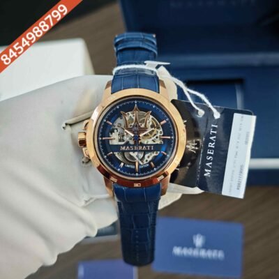 Maserati Potenza Limited Edition Rose Gold Skeleton Blue Dial Leather Strap Swiss Store Quality Automatic Watch