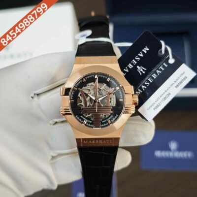 Maserati Potenza Rose Gold Skeleton Dial Leather Strap Swiss Store Quality Automatic Watch
