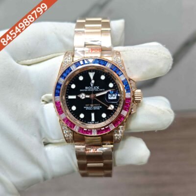 Rolex GMT-Master II Rose Gold Diamond Bazel Black Dial Swiss Automatic Watch