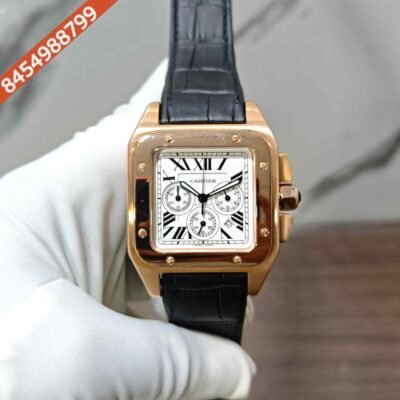 Cartier Santos 100 XL Chronograph Rose Gold White Dial Black Leather Strap Swiss Automatic Watch