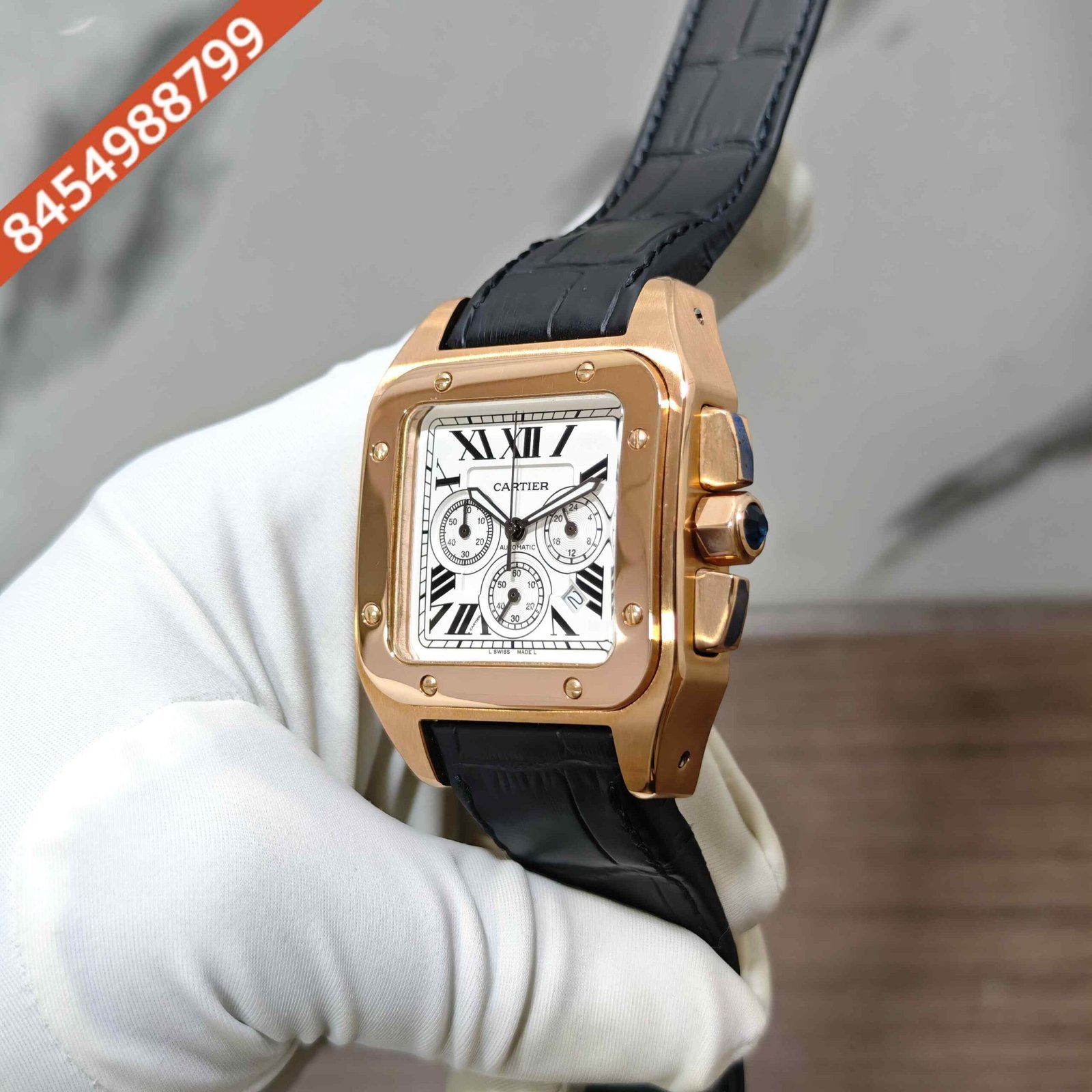 Cartier Santos 100 XL Chronograph Rose Gold White Dial Black Leather Strap Swiss Automatic Watch - Image 2