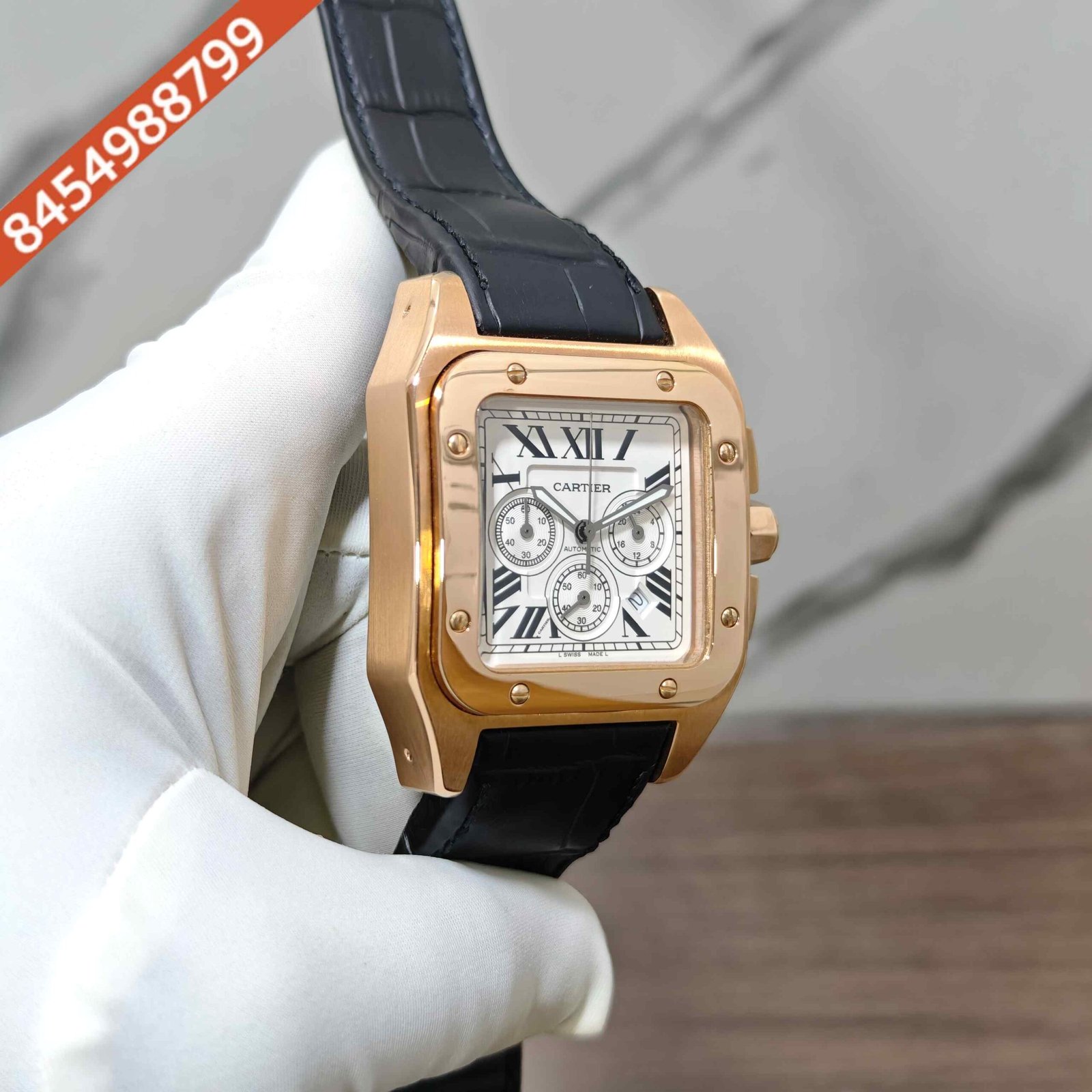 Cartier Santos 100 XL Chronograph Rose Gold White Dial Black Leather Strap Swiss Automatic Watch - Image 3