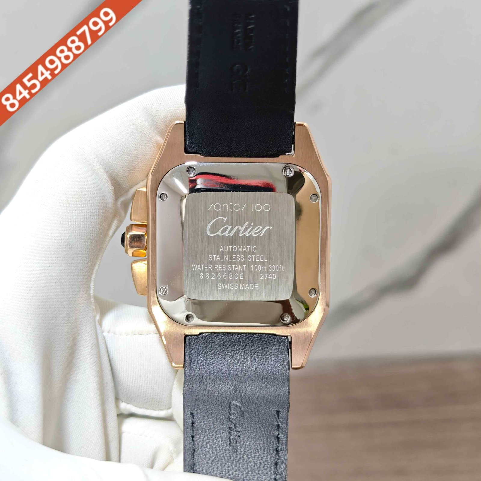 Cartier Santos 100 XL Chronograph Rose Gold White Dial Black Leather Strap Swiss Automatic Watch - Image 4