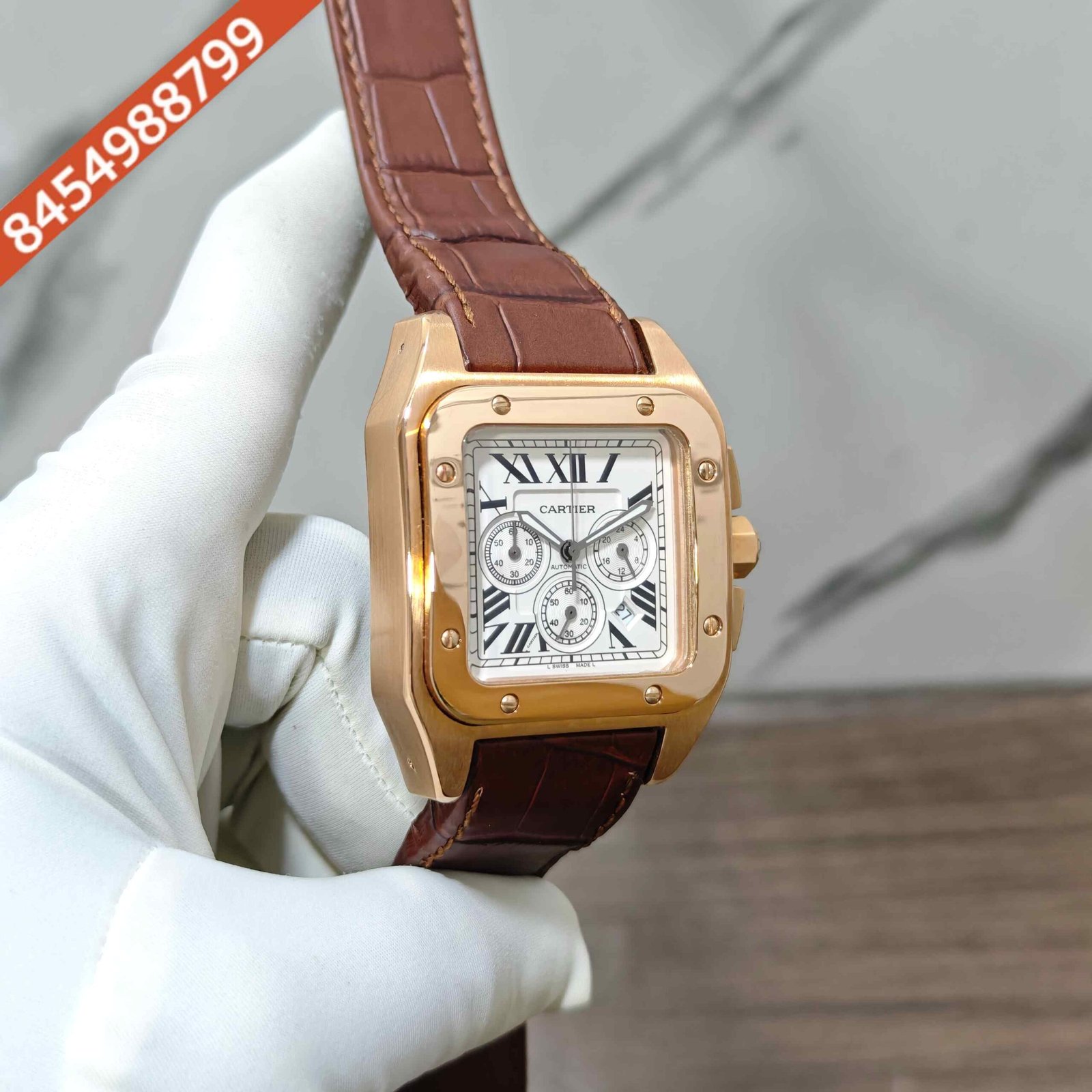 Cartier Santos 100 XL Chronograph Rose Gold White Dial Swiss Automatic Watch - Image 3