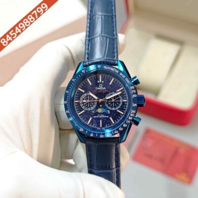 Omega Speedmaster Moonphase Rose Gold Full Blue Leather Strap Swiss Automatic Watch