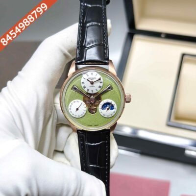 Patek Philippe Geneve Tourbillon Rose Gold Green Dial Leather Strap Swiss Automatic Watch