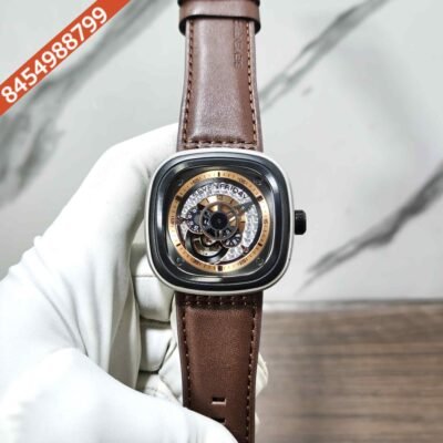 SevenFriday Industrial Series P2-01 Skeleton Black Dial Dark Brown Leather Strap Swiss Automatic Watch