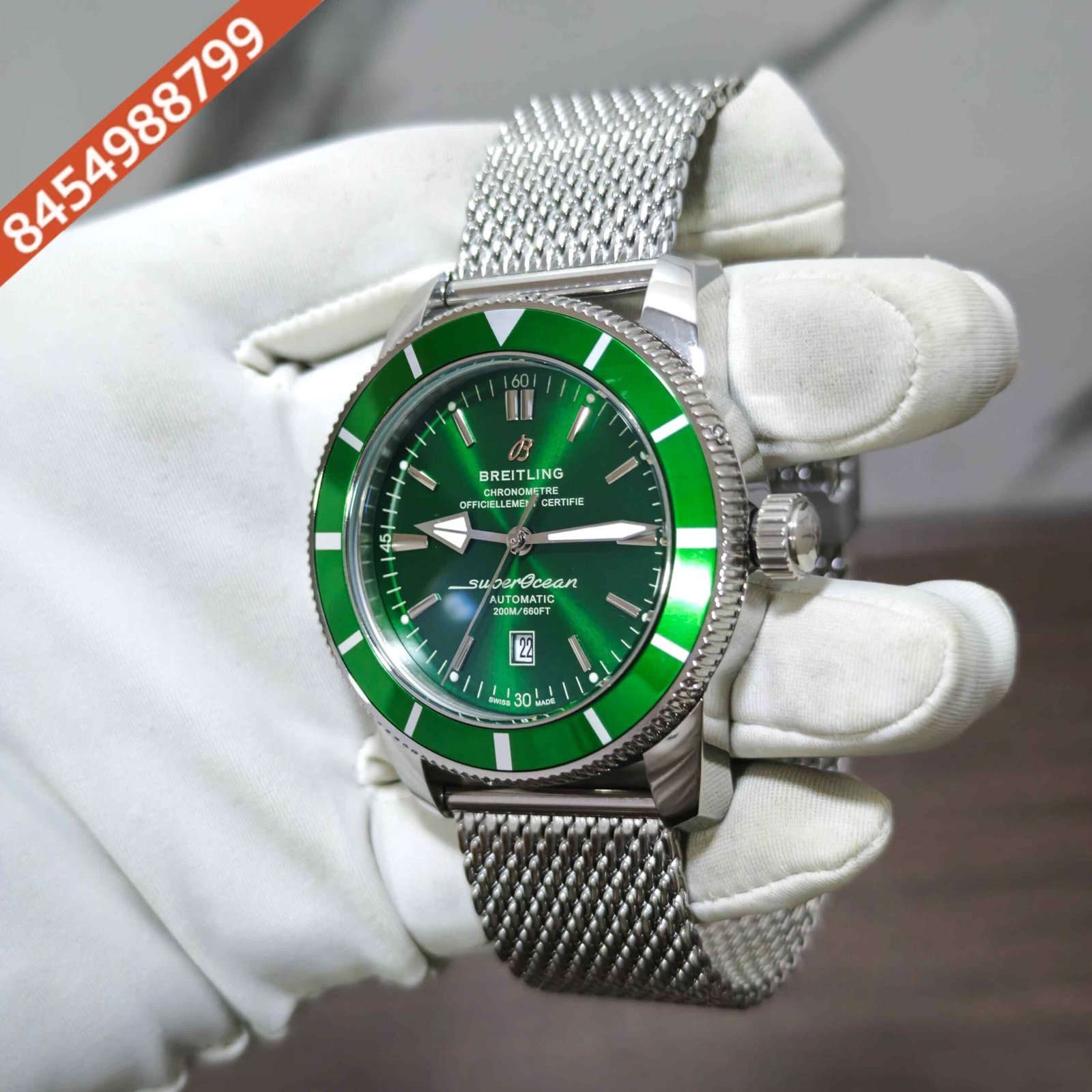 Breitling Superocean Heritage Steel Green Dial mesh bracelet Swiss Automatic Watch - Image 2
