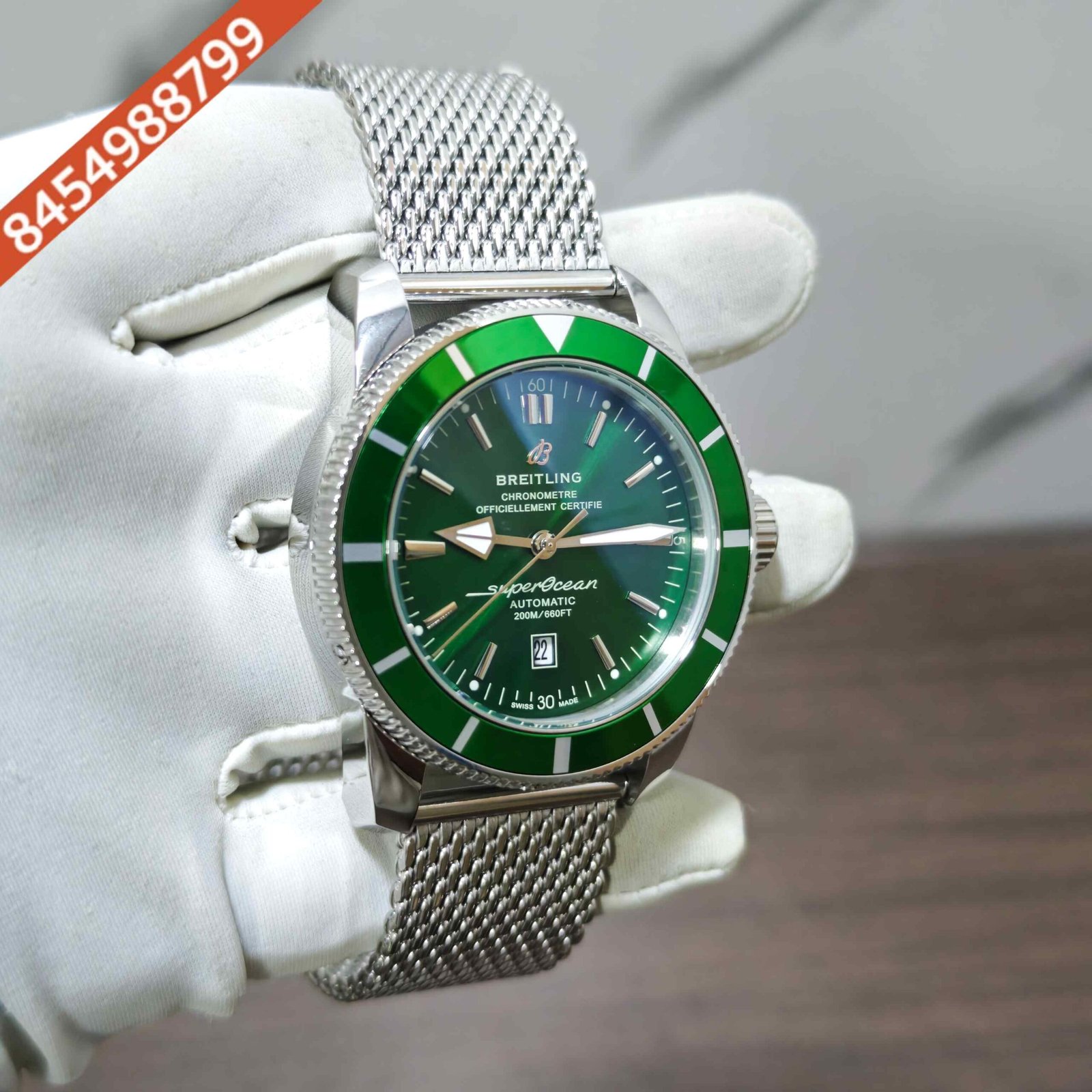 Breitling Superocean Heritage Steel Green Dial mesh bracelet Swiss Automatic Watch - Image 3