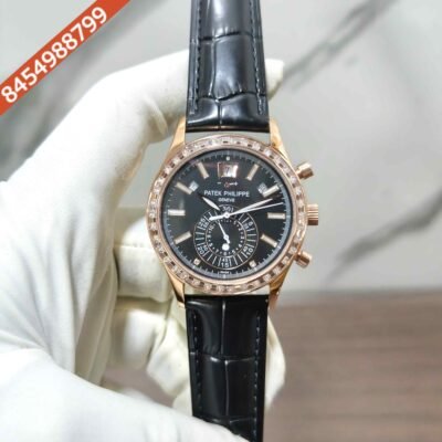 Patek Philippe Annual Calendar Chronograph Rose Gold Diaomand Bazel Leather Strap Swiss Automatic Watch