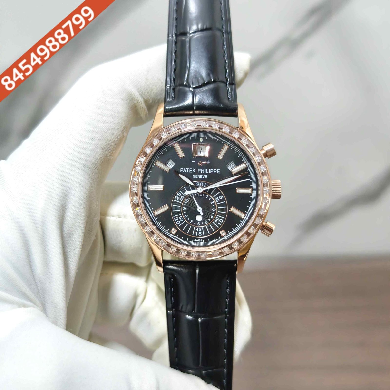 Patek Philippe Annual Calendar Chronograph Rose Gold Diaomand Bazel Leather Strap Swiss Automatic Watch