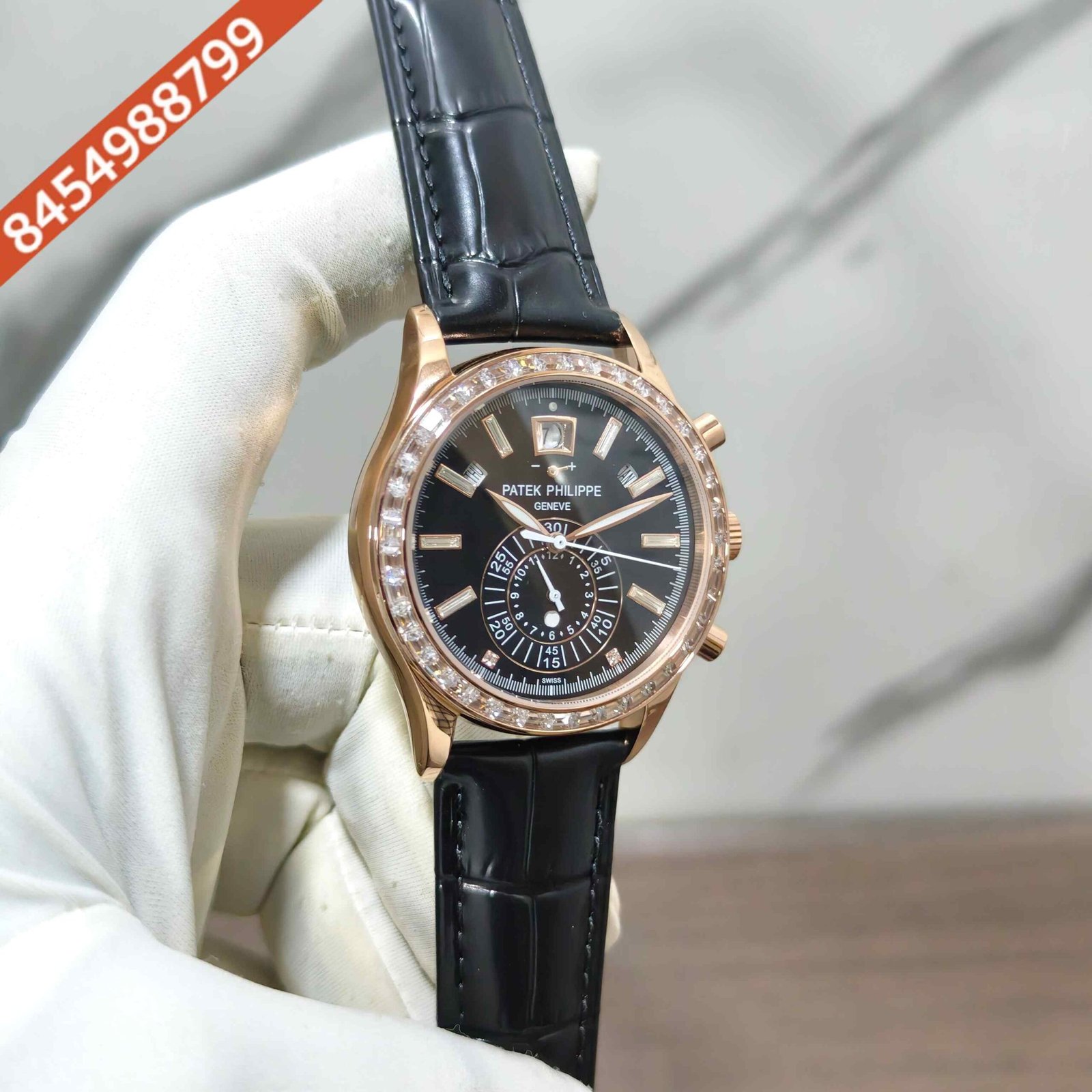 Patek Philippe Annual Calendar Chronograph Rose Gold Diaomand Bazel Leather Strap Swiss Automatic Watch - Image 3
